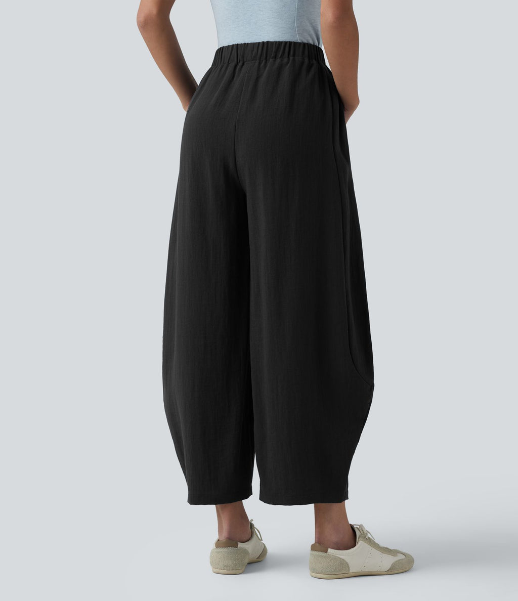 Pantalon décontracté effet lin jambes ballon taille haute avec cordon de serrage et poches