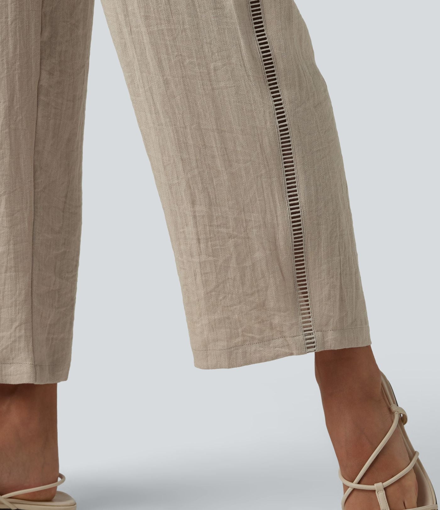 Pantalon droit taille mi-haute aspect lin avec cordon de serrage et poches