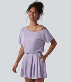 Combishort casual asymétrique manches courtes plissé en nid d'abeille avec poches - Édition Easy Peasy