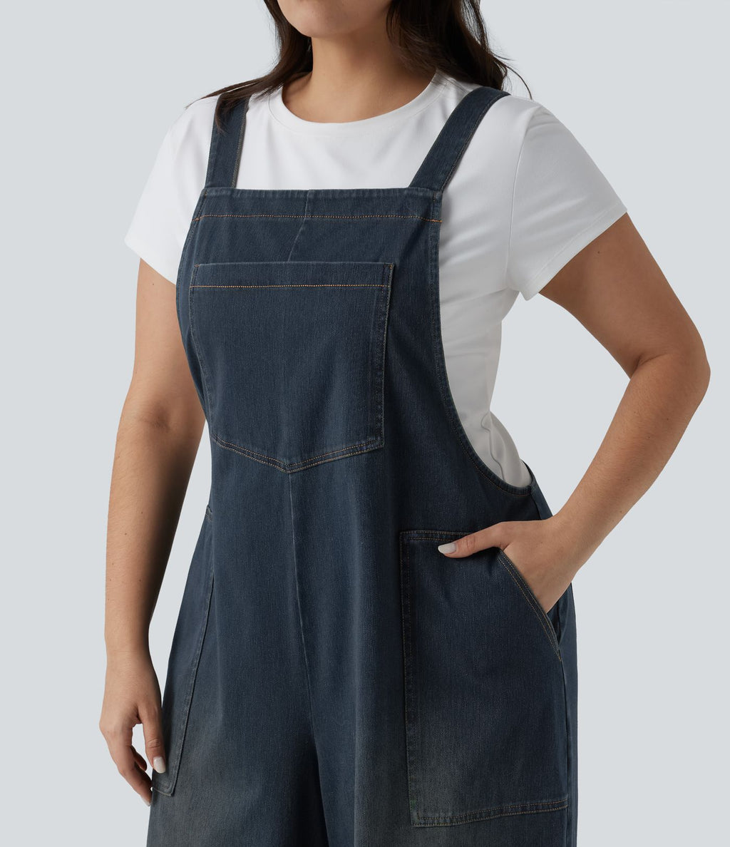 Grande taille Halara Flex™ Salopette casual en jean délavé col carré avec poches