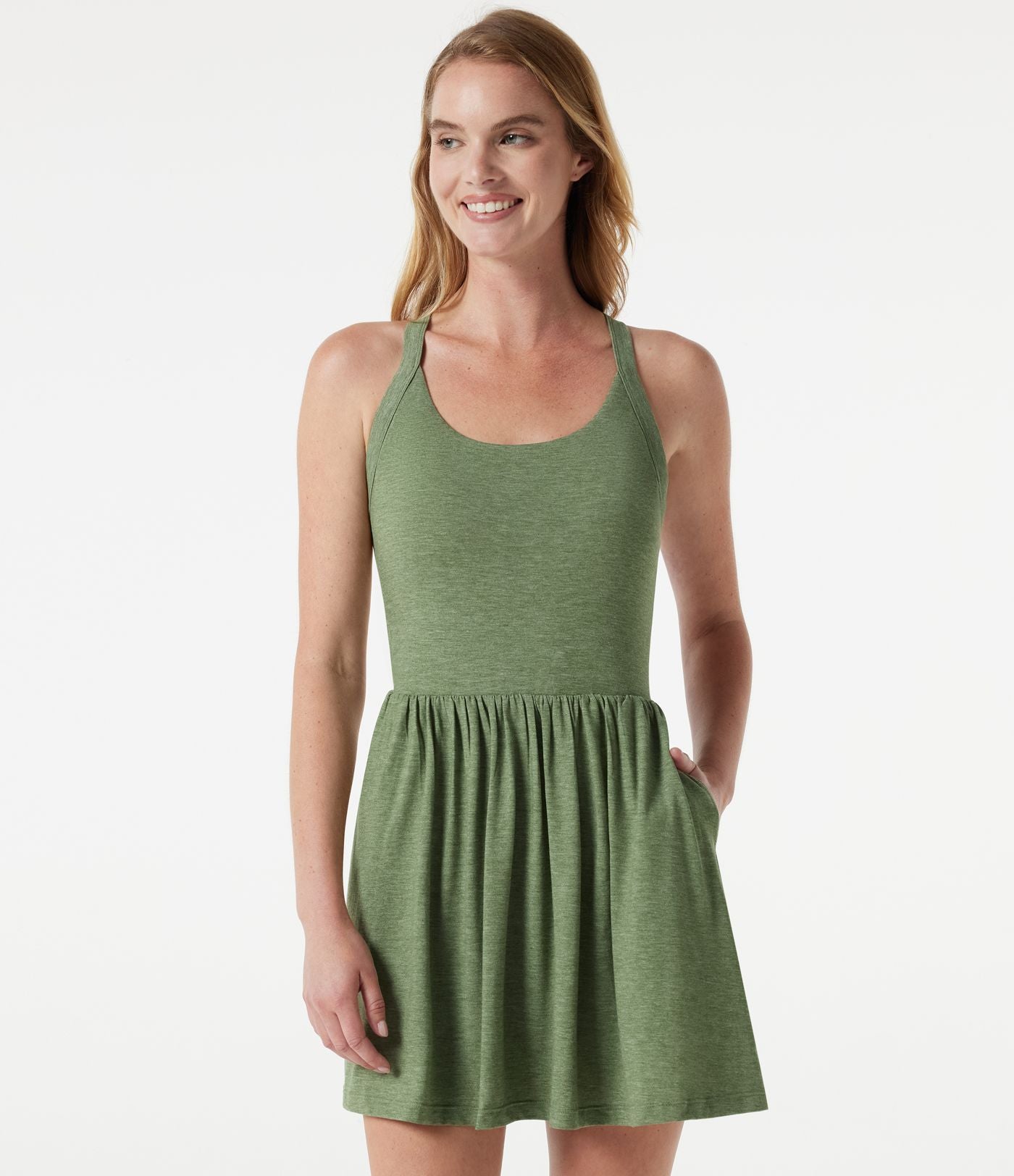 Robe mini casual fluide 2-en-1 col U avec brassière intégrée et poches — Édition Easy Peasy