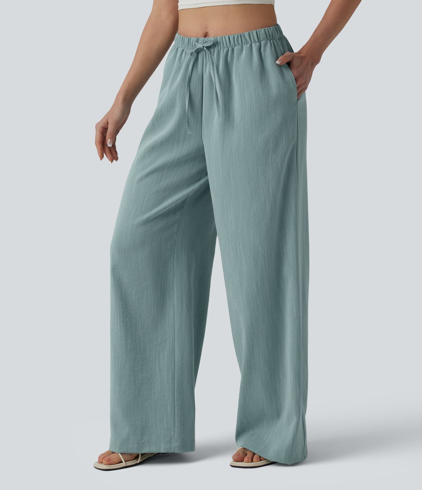 Pantalon large décontracté taille mi-haute avec cordon de serrage aspect lin avec poches