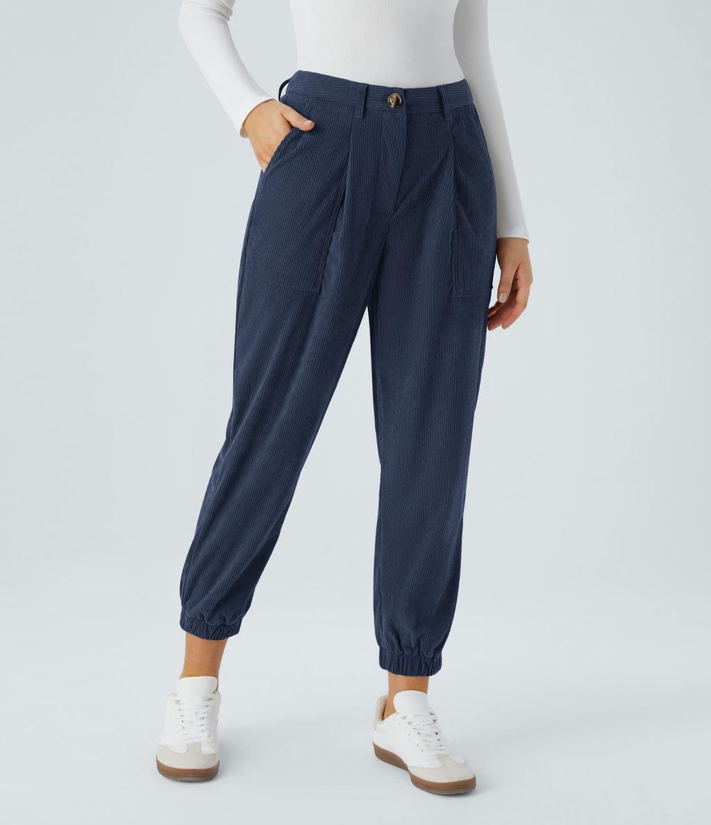Pantalon décontracté en velours côtelé avec taille mi-haute, boutons et fermeture éclair