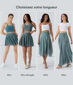 Jupe Casual Évasée Mesh Mi-Longue Fuide 2 en 1 Contrastée Taille Haute Cordon Poche Latérale