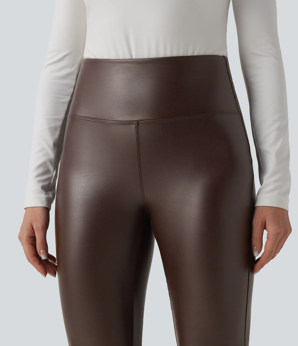 Pantalon évasé décontracté gainant taille haute extensible en molleton PU avec poches