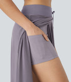 Jupe Casual Évasée Mesh Mi-Longue Fuide 2 en 1 Contrastée Taille Haute Cordon Poche Latérale
