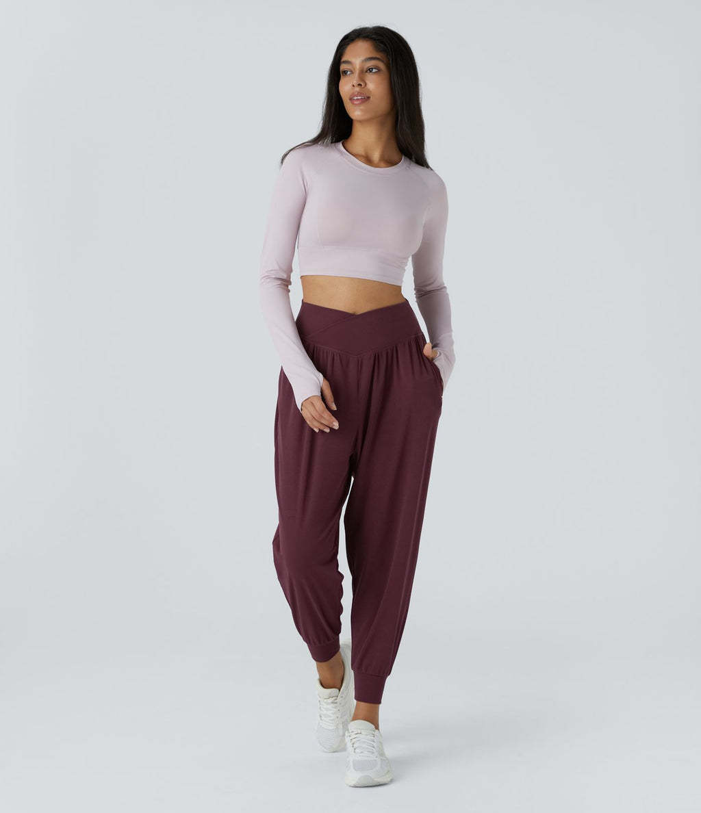 Jogging de Yoga à Taille Haute, Croisé Devant, Plis, Poches Latérales, en Tissu Gaufré