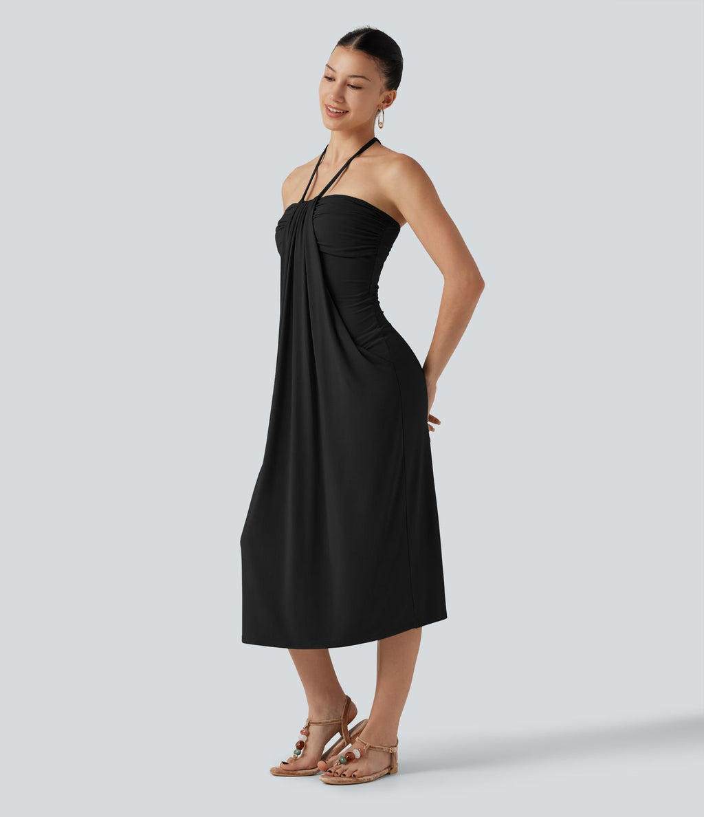 Robe midi de plage à col halter avec brassière intégrée, lien noué au dos et poches
