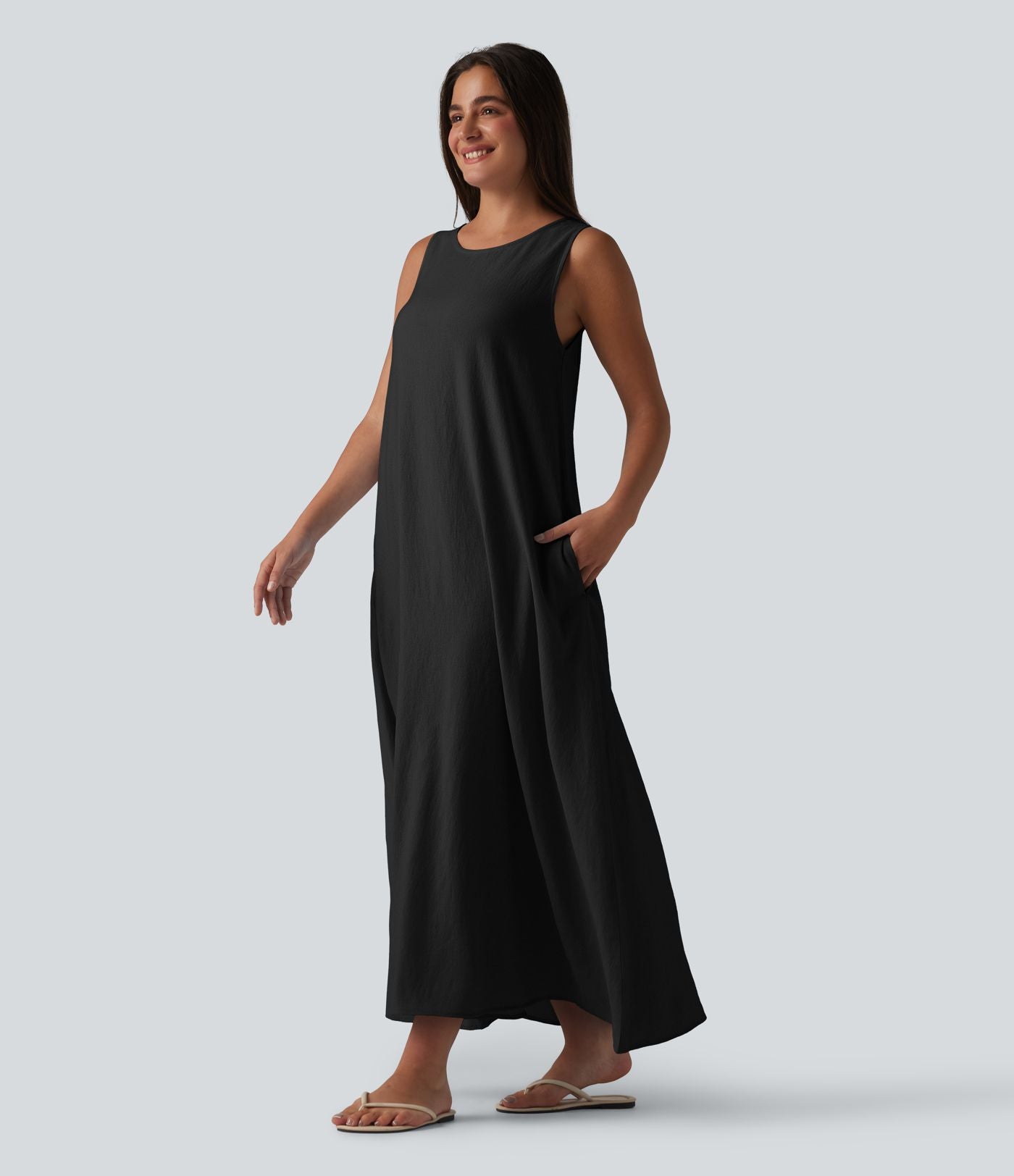 Robe débardeur midi unie sans manches à col rond et poches