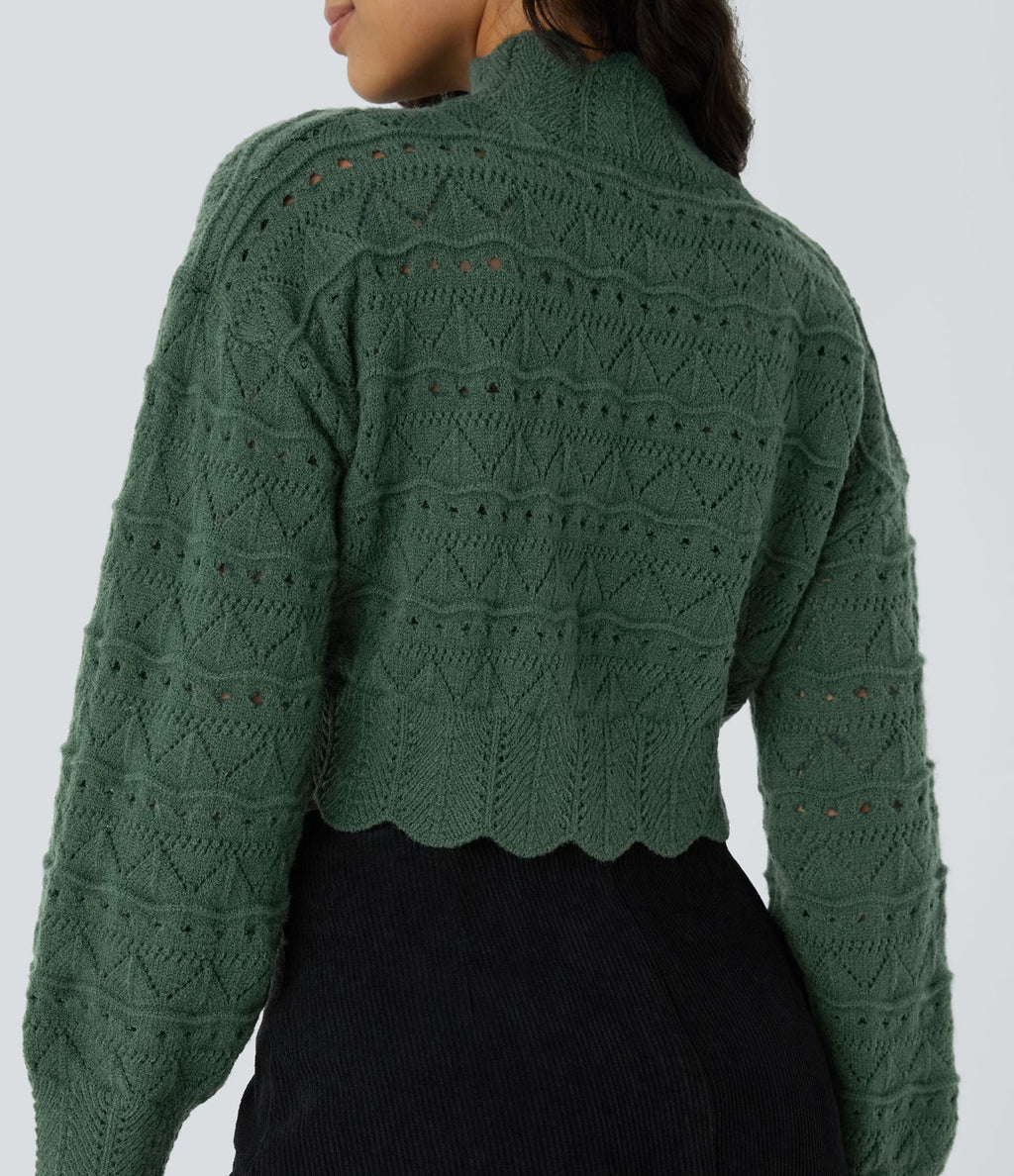 Pull décontracté à col montant, manches évêque, ourlet festonné et maille ajourée