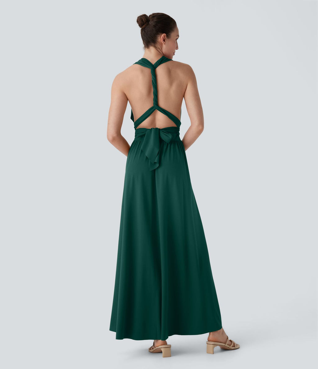 Robe longue de soirée col V, manches courtes, dos croisé à nouer, fendue avec poche latérale