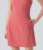 Robe mini vichy à col carré avec lien à nouer au dos et poches
