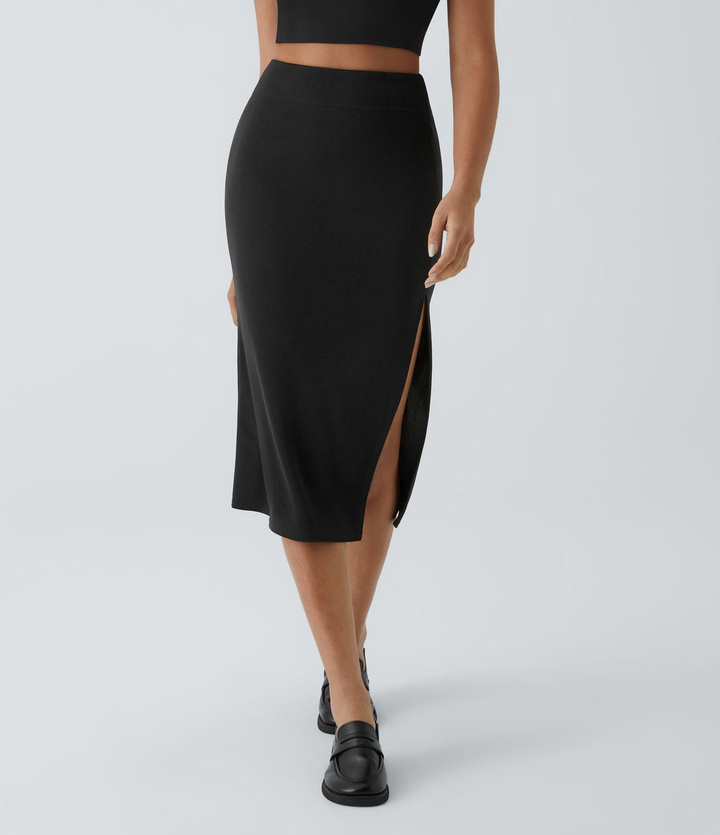 Jupe Midi Moulante Casual en Côtes Taille Haute Fendue
