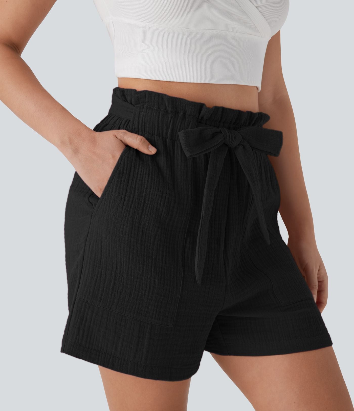 Short tailleur casual coton taille haute paper bag avec nœud devant et poches