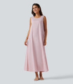 Robe débardeur midi décontractée col rond sans manches en vichy froissé avec poches