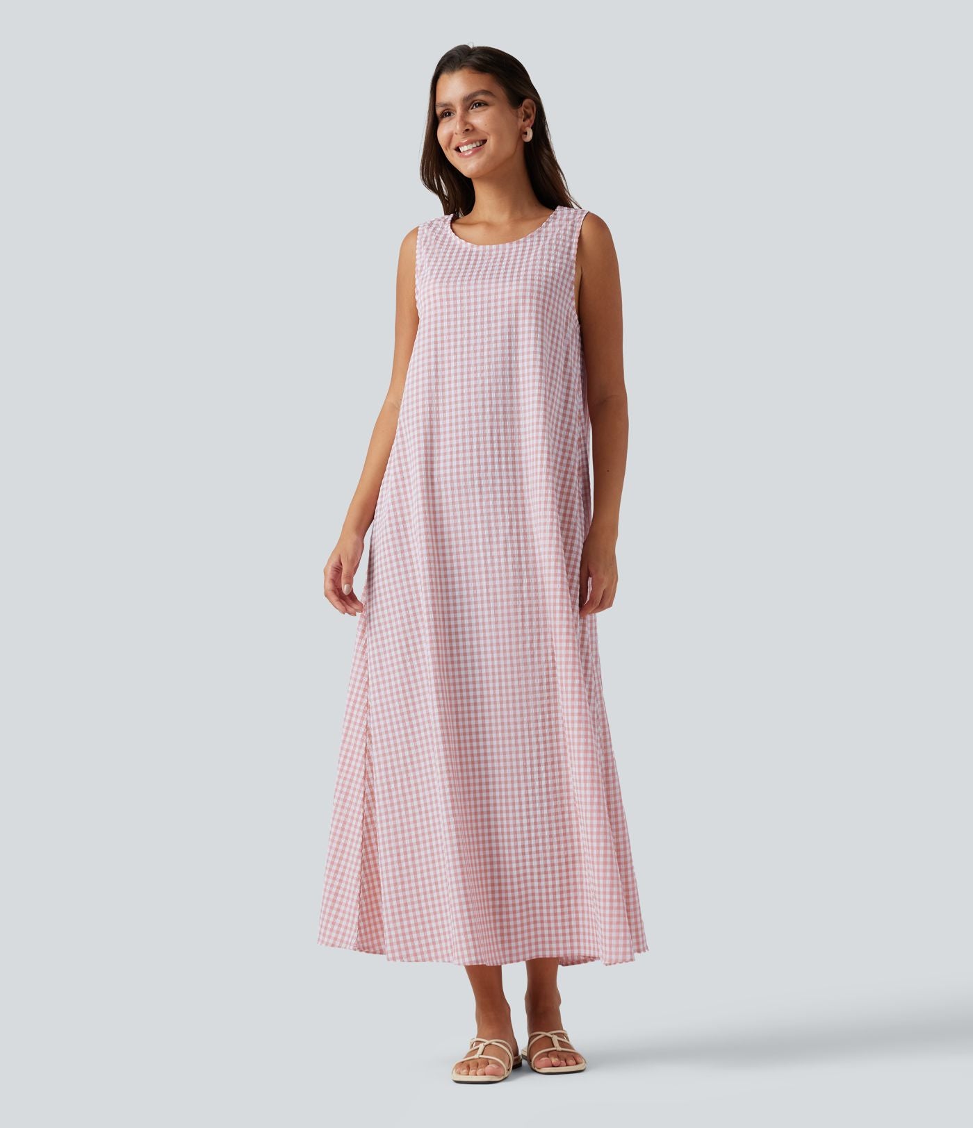 Robe débardeur midi décontractée col rond sans manches en vichy froissé avec poches