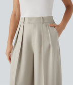 Pantalon tailleur anti-froissement aspect lin taille haute jambe large avec poches