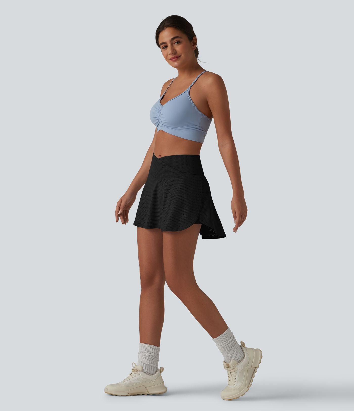 Jupe mini de tennis à œillets, taille haute, 2 en 1, coupe trapèze, croisée, avec poches