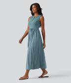 Robe midi évasée fluide décontractée Breezeful™ col Henley sans manches à séchage rapide avec poches