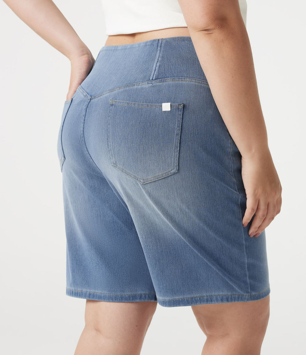 Short baggy grande taille en jean Halara Flex™ Denim taille haute croisée, effet ventre plat, avec poches