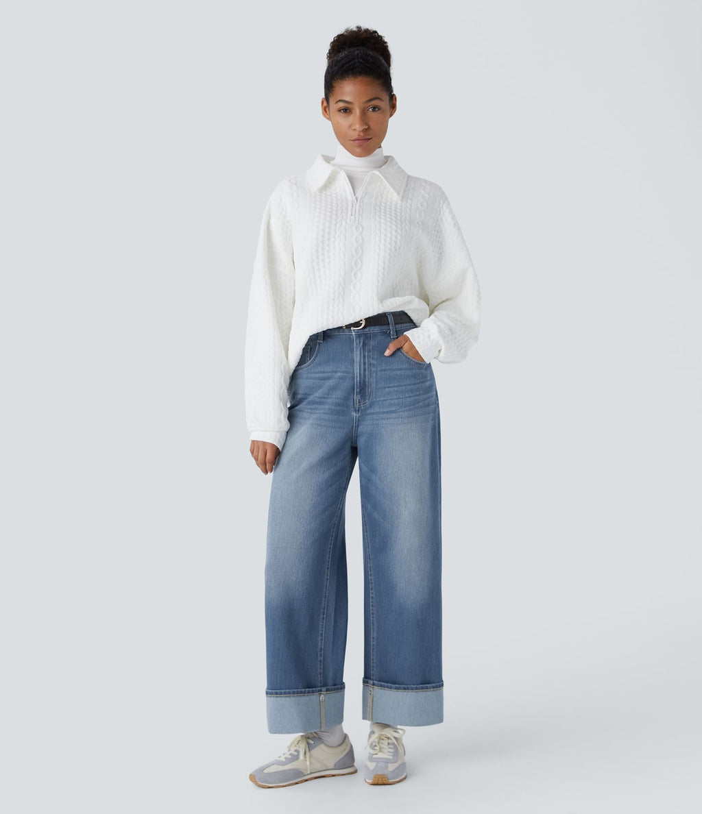 Jean décontracté Halara Flex™ taille haute jambes larges avec poches multiples et ourlet ajustable, en maille extensible effet délavé