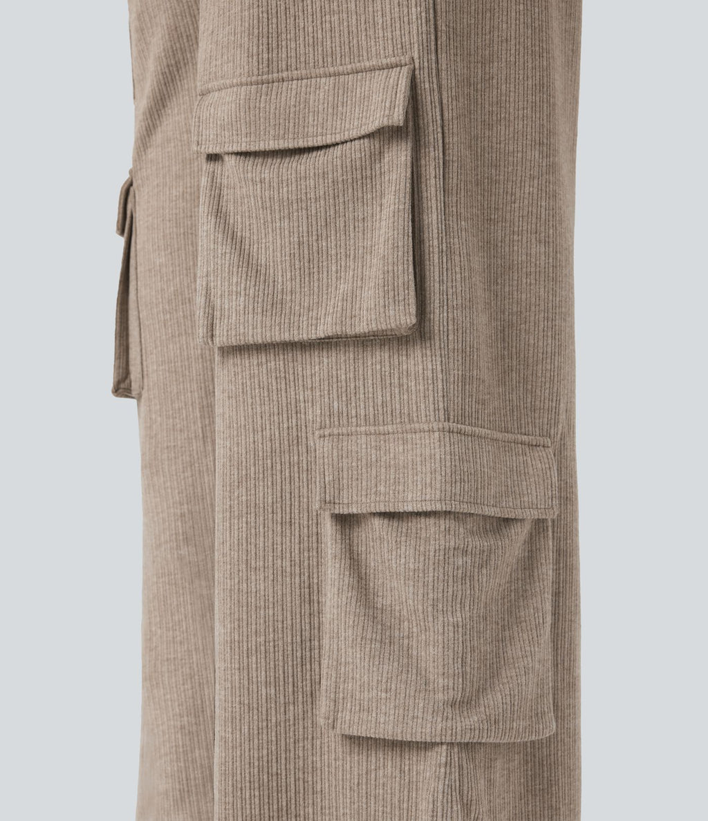 Pantalon cargo décontracté grande taille, ample, côtelé, taille mi-haute, à cordon, avec poches