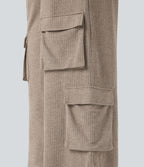 Pantalon cargo décontracté grande taille, ample, côtelé, taille mi-haute, à cordon, avec poches