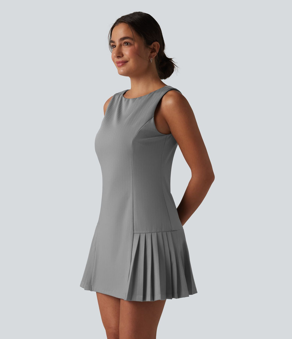 Robe mini habillée col bateau sans manches à rayures et détails plissés