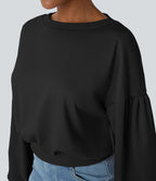 Sweat-shirt décontracté ample à col rond, épaules tombantes et manches évasées plissées
