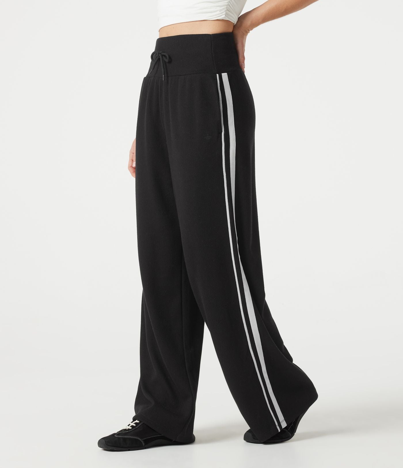 Pantalon baggy côtelé taille haute gainant avec cordon ajustable, bandes latérales et poches
