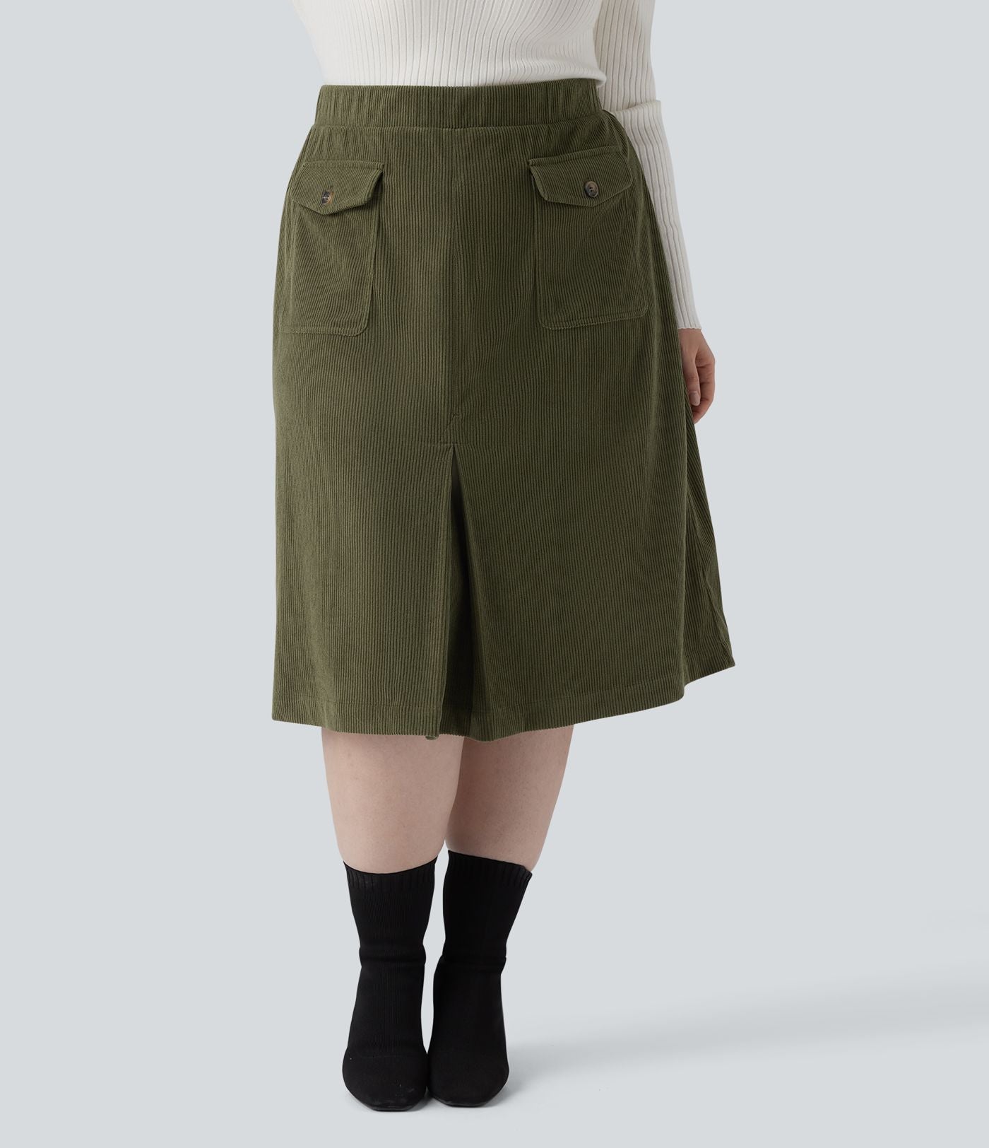Jupe décontractée grande taille mi-longue en velours côtelé taille mi-haute avec poches