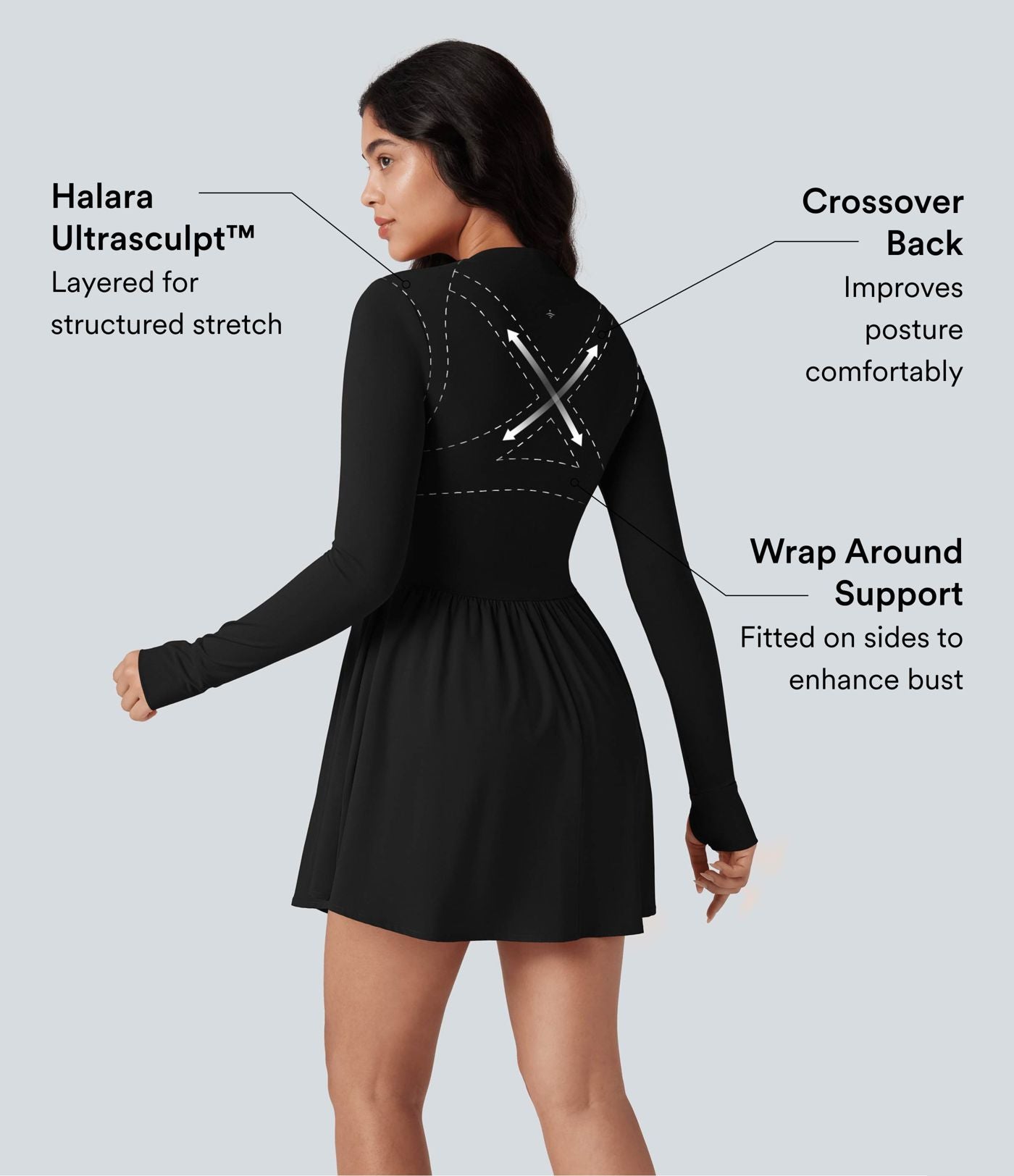 Robe de tennis active courte Halara UltraSculpt™ push-up 2-en-1 manches longues avec trous pouces et poche