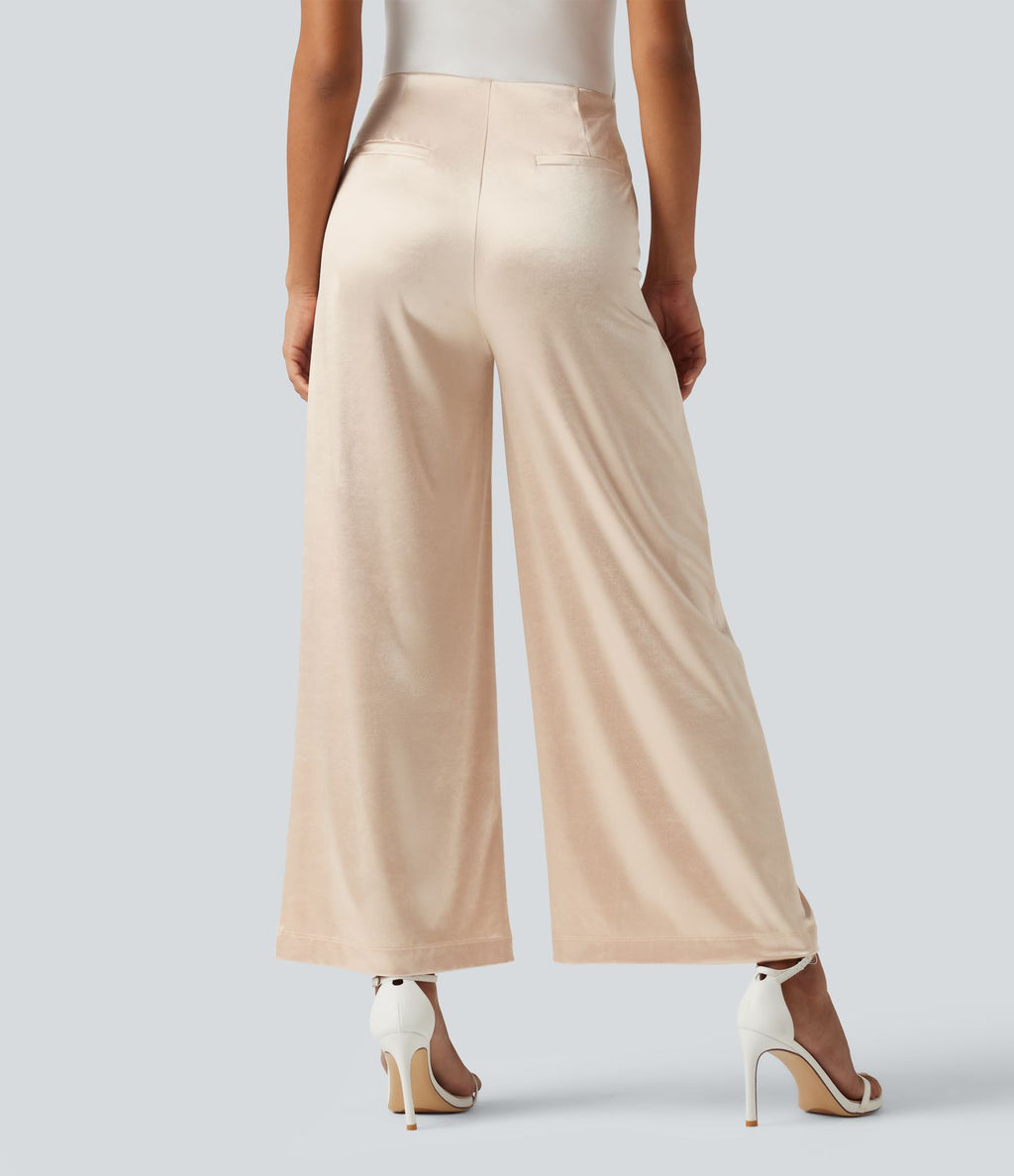 Pantalon habillé large taille haute en satin avec poches