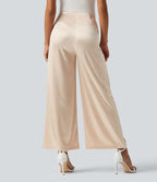 Pantalon habillé large taille haute en satin avec poches