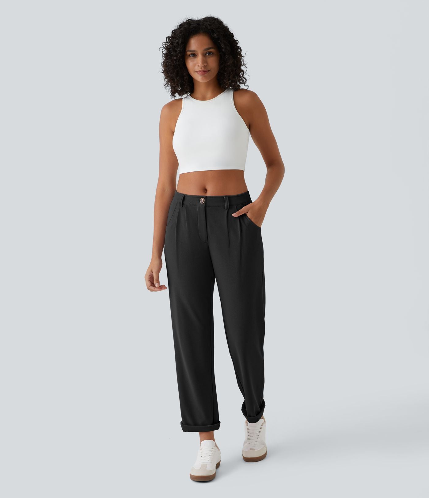 Pantalon casual taille mi-haute en maille gaufrée avec poche zippée
