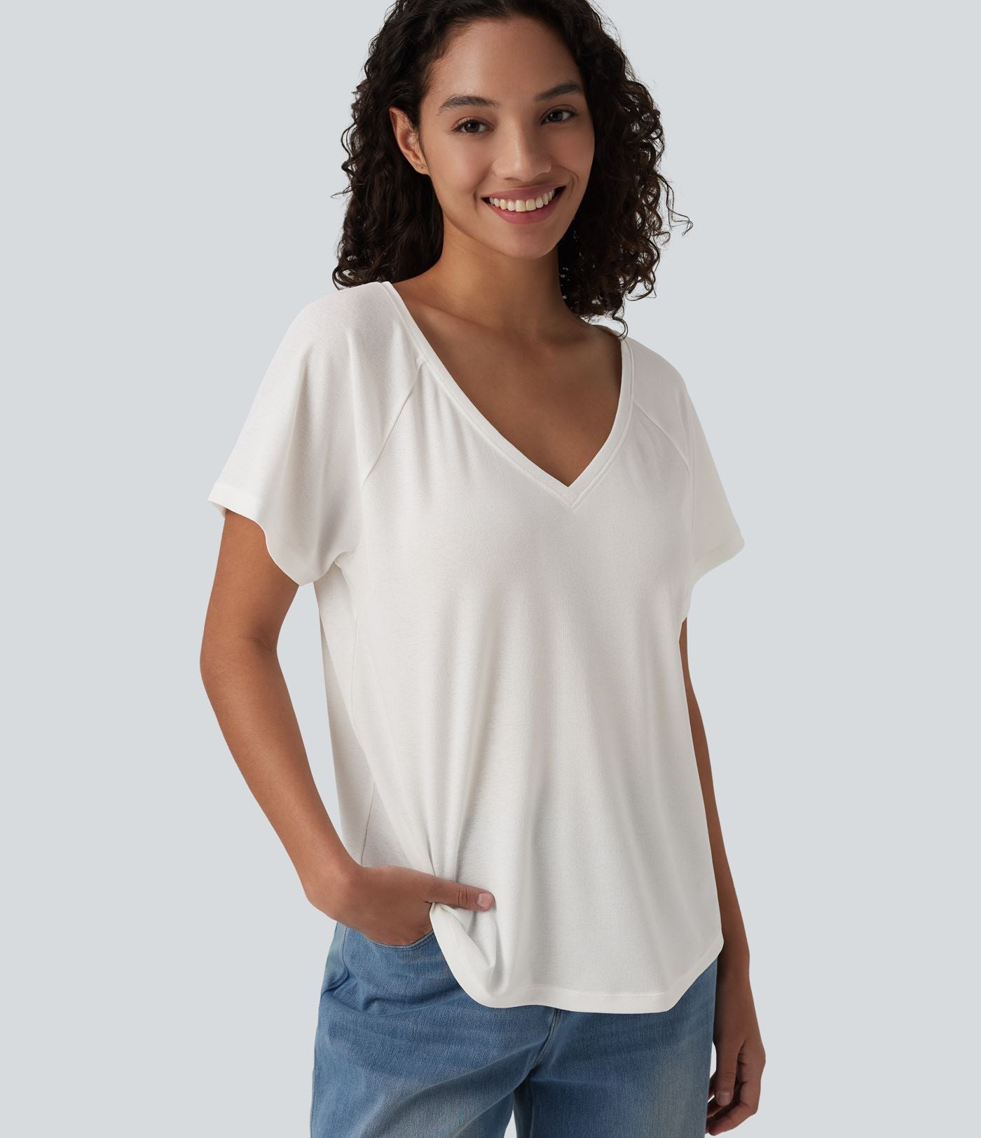 T-shirt casual col V manches raglan courtes coupe ample