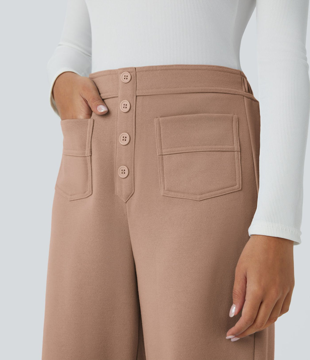 Pantalon Jogging en Fleece Thermique Jambe Droite Boutons Taille Haute Plusieurs Poches