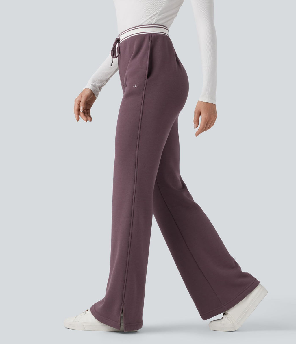 Pantalon jogging évasé molleton coton taille haute avec cordon de serrage, poches, empiècements contrastés et ourlet fend