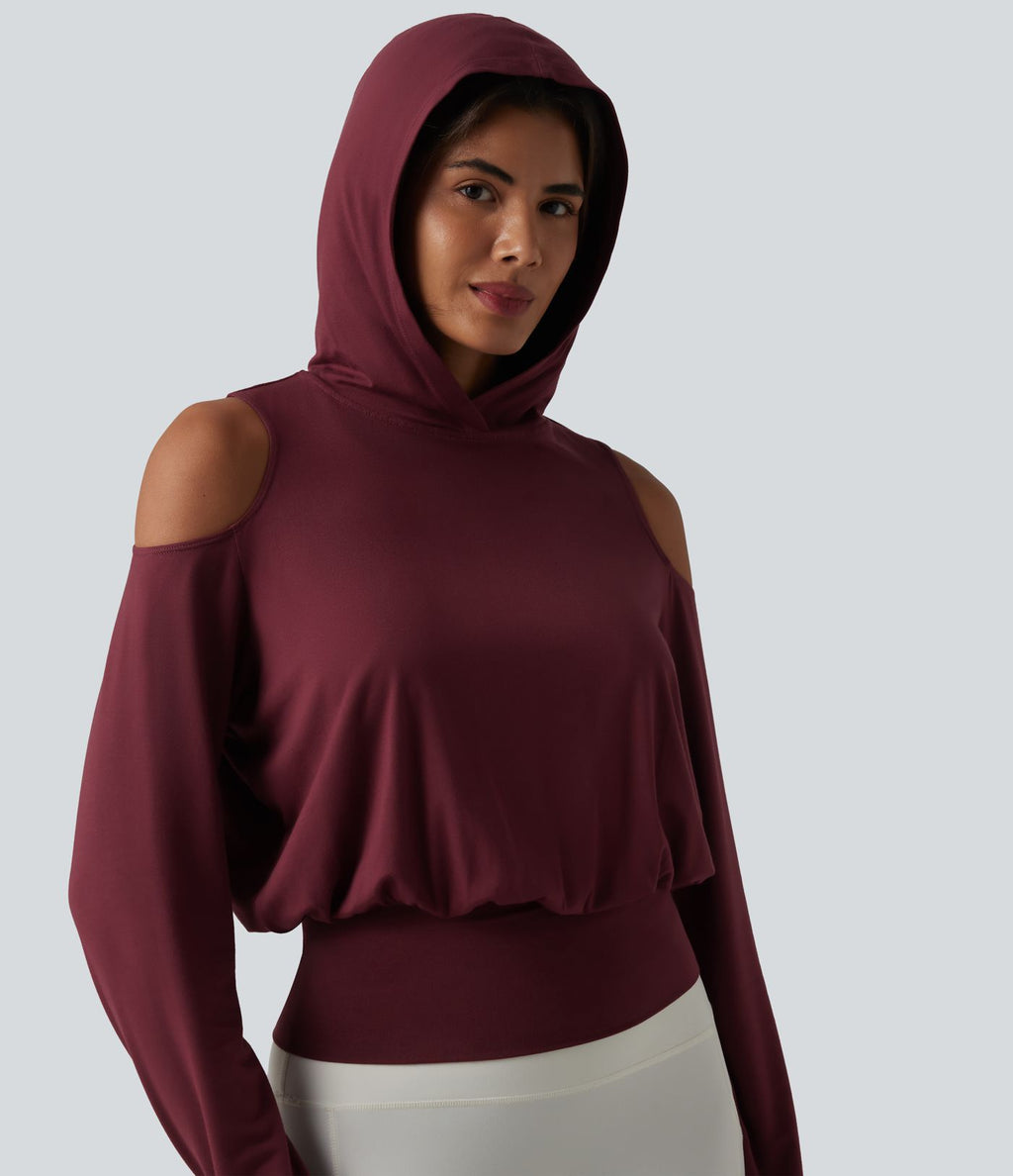 Sweat-shirt de sport à capuche épaules dénudées manches longues