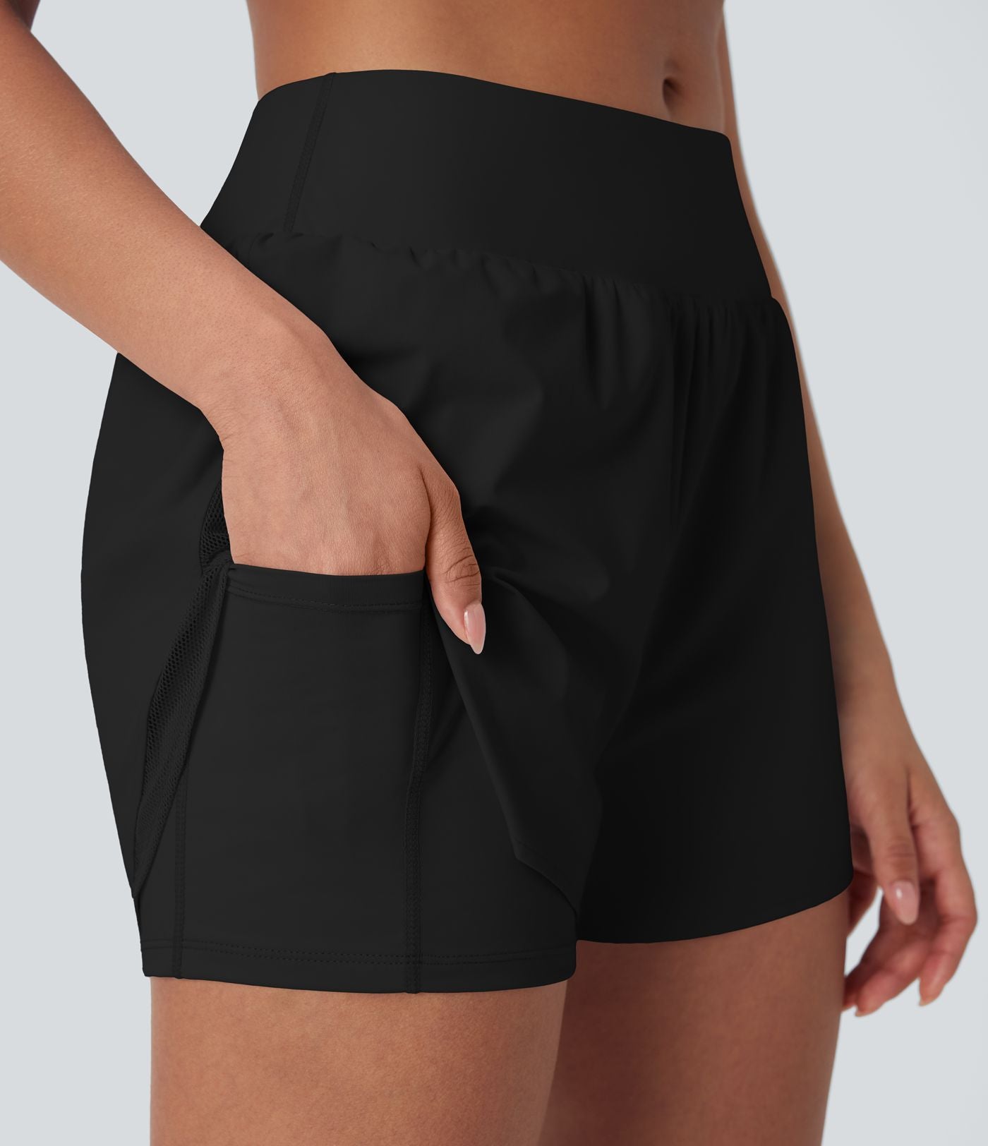 Short yoga 2-en-1 maille contrastée taille mid-rise avec poches