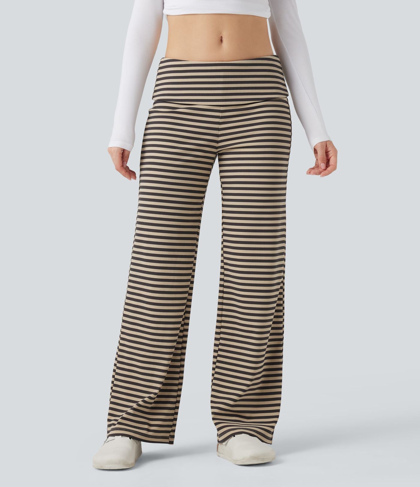 Pantalon évasé rayé taille basse à rabat