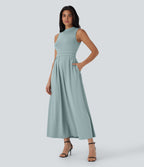 Robe longue décontractée sans manches à col montant, coupe évasée et poches latérales