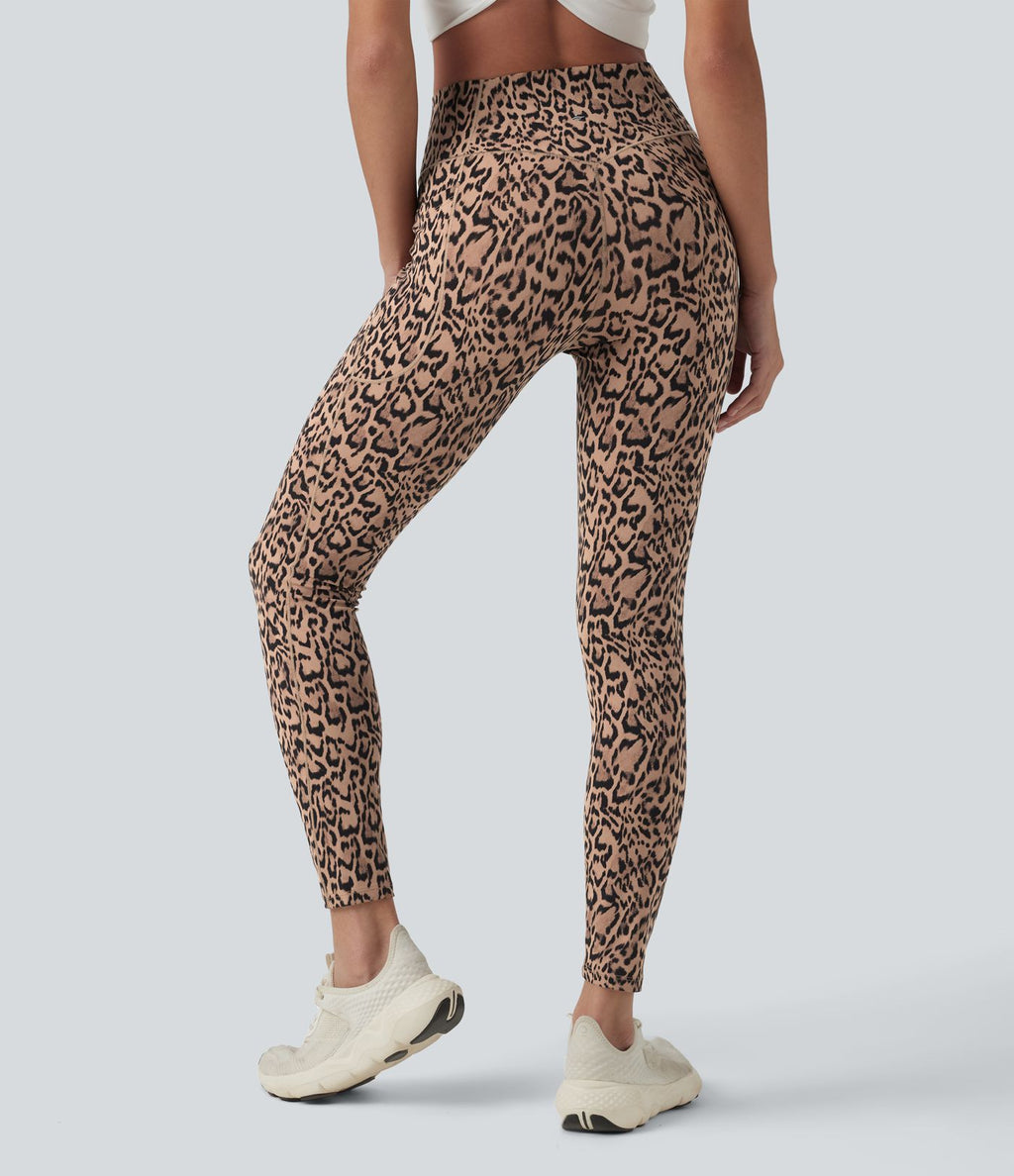 Legging 7/8 de yoga taille haute croisée imprimé léopard avec poches