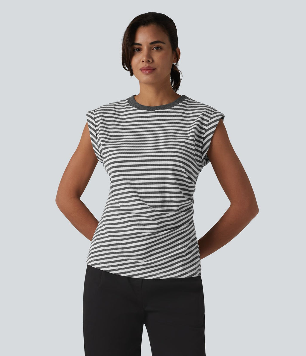 T-shirt casual en maille côtelée rayé col rond à manches courtes