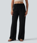 Pantalon large fluide décontracté en lin mélangé à rayures taille mi-haute avec cordon de serrage et poches