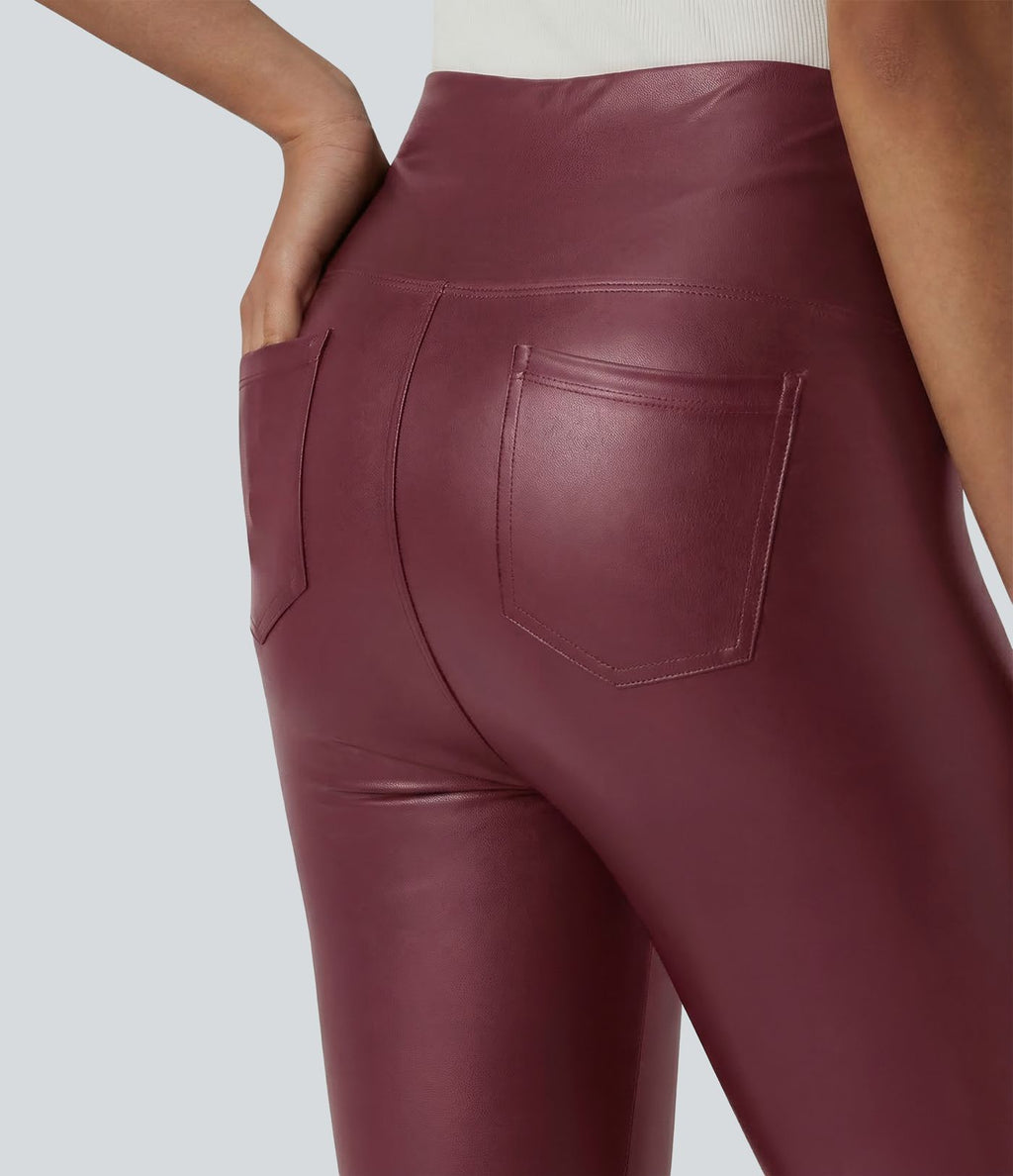 Legging casual 7/8 taille haute ventre plat en similicuir extensible, avec poches