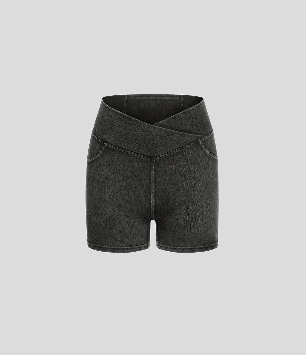 Halara Flex™  Shorts 7,5cm Denim Casual Taille Haute Poches Latérales Croisées en Maille Extensible