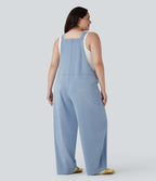 Salopette décontractée Halara Flex™ grande taille en maille denim extensible délavée col V avec poches