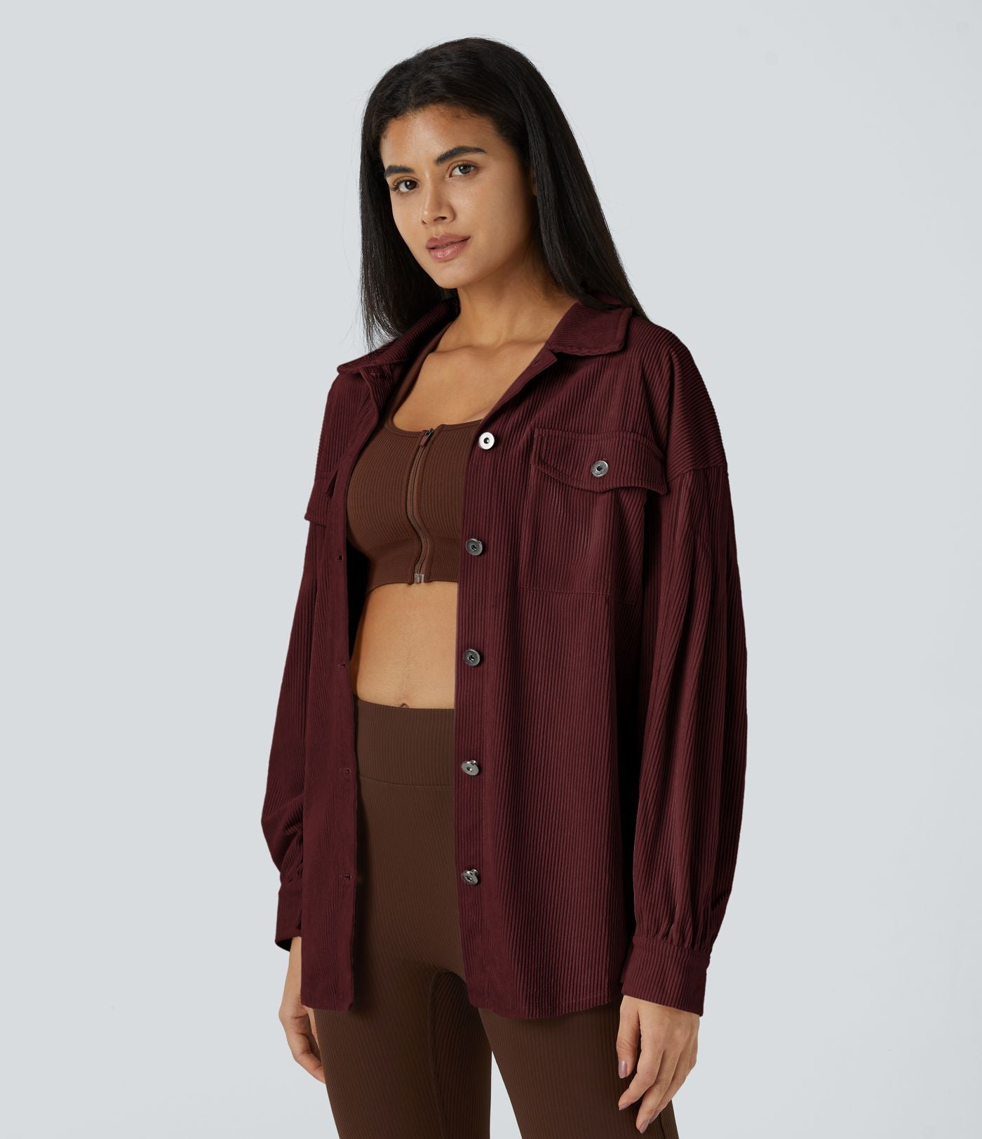 Veste Casual en Velours Côtelé à Col Boutonné Poches et Manches Longues Ourlet Courbé
