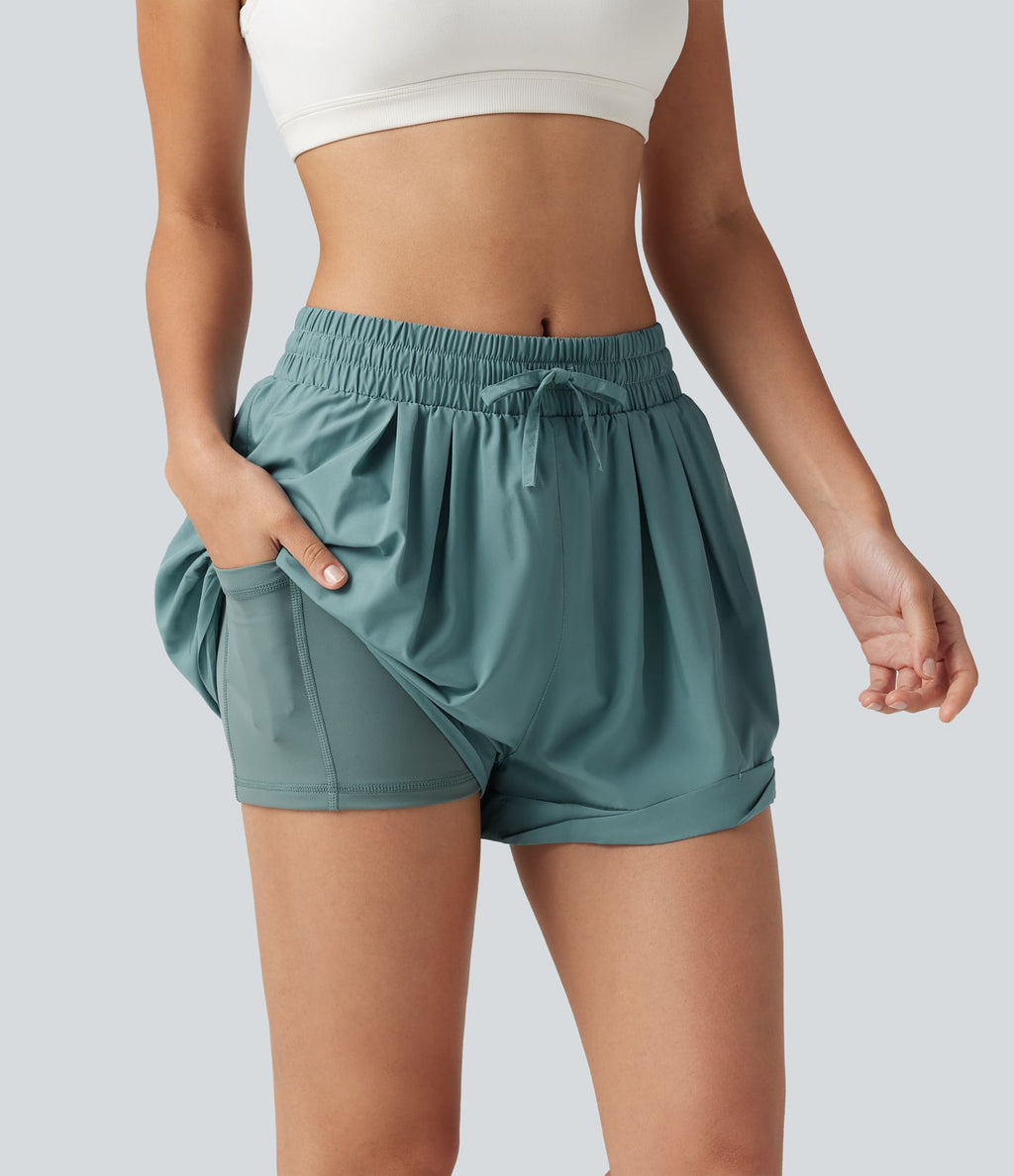 Short de running baggy 2-en-1 taille mi-haute avec cordon ajustable et poche